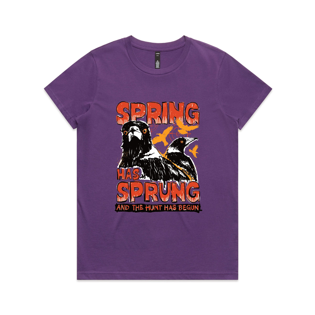 Purple fitted womens t-shirt with Spring Has Sprung graphic by Lonely Kids Club
