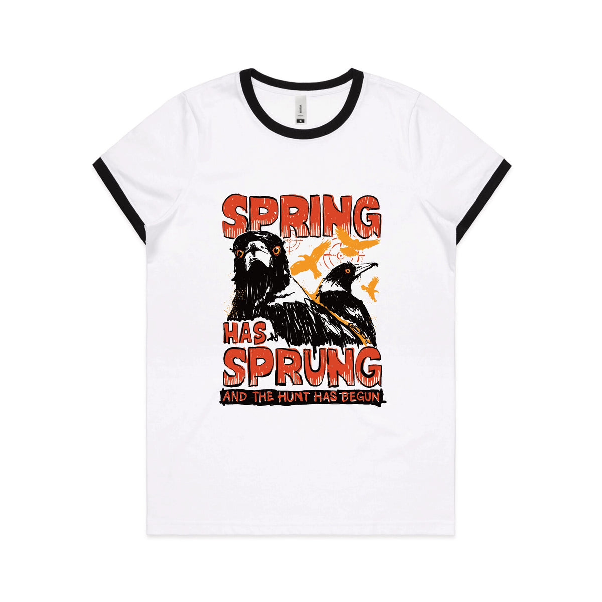 Black/White Ringer fitted womens t-shirt with Spring Has Sprung graphic by Lonely Kids Club