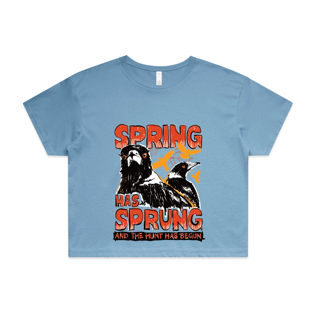 Carolina Blue crop top with Spring Has Sprung graphic by Lonely Kids Club