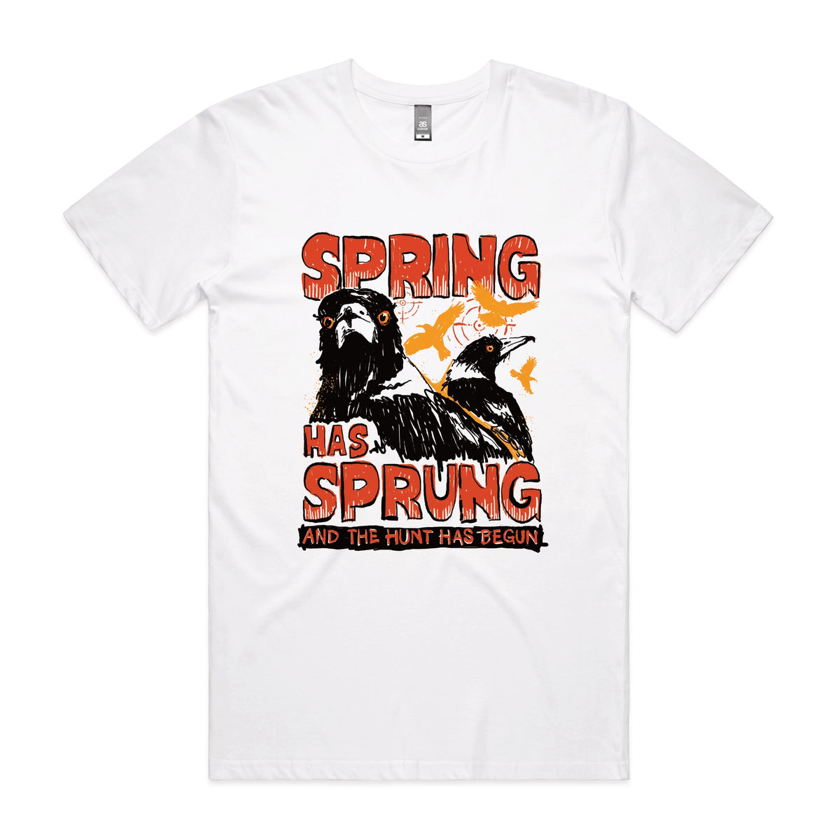 White unisex t-shirt with Spring Has Sprung graphic by Lonely Kids Club