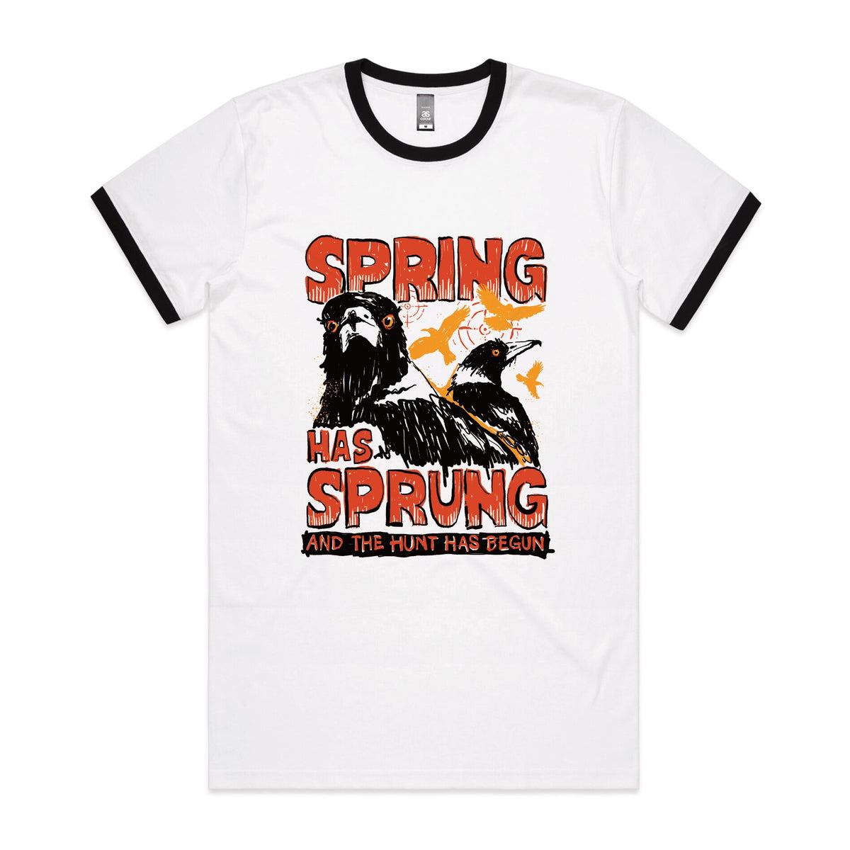 Black/White Ringer unisex t-shirt with Spring Has Sprung graphic by Lonely Kids Club