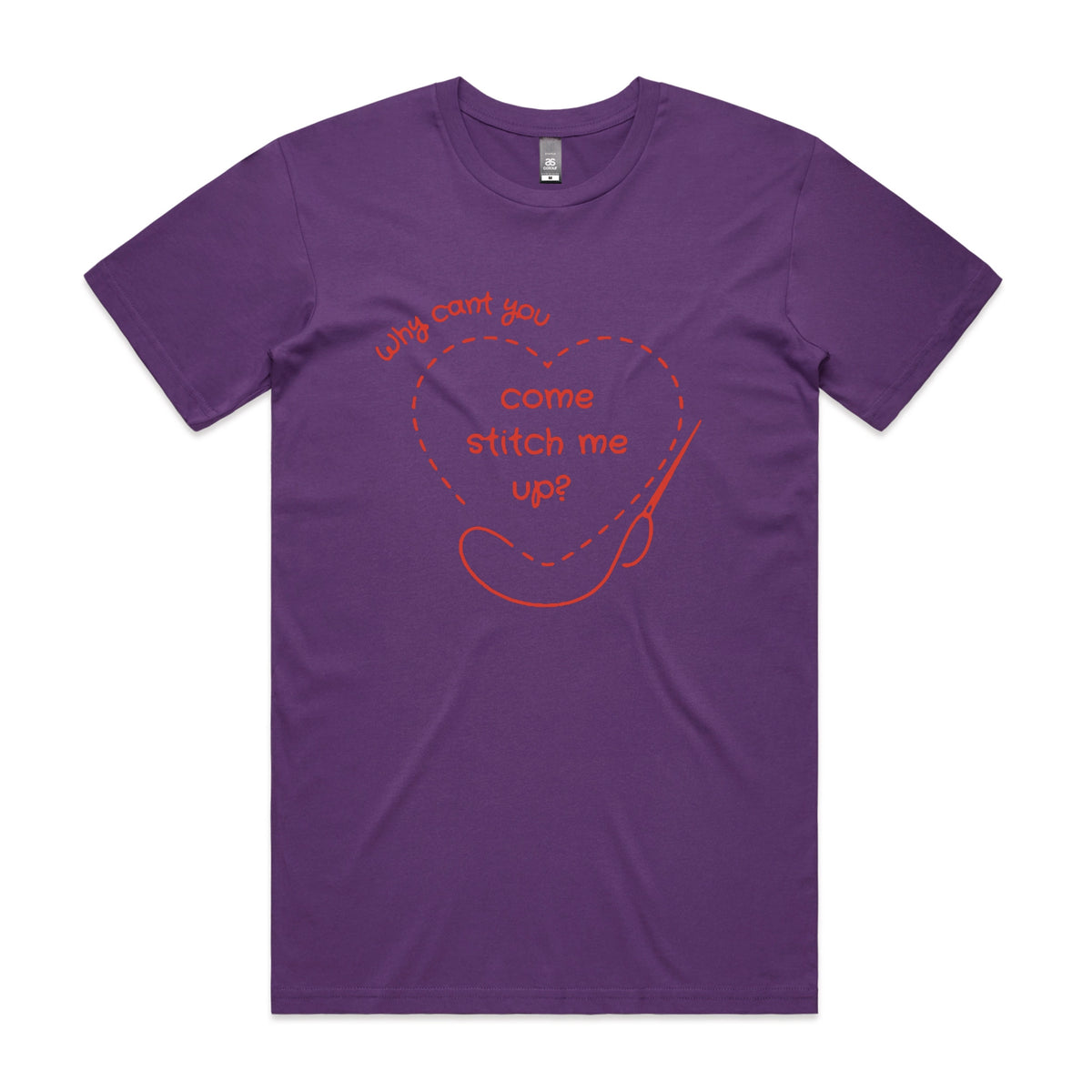 Purple unisex t-shirt with Stitch Me Up graphic by Lonely Kids Club