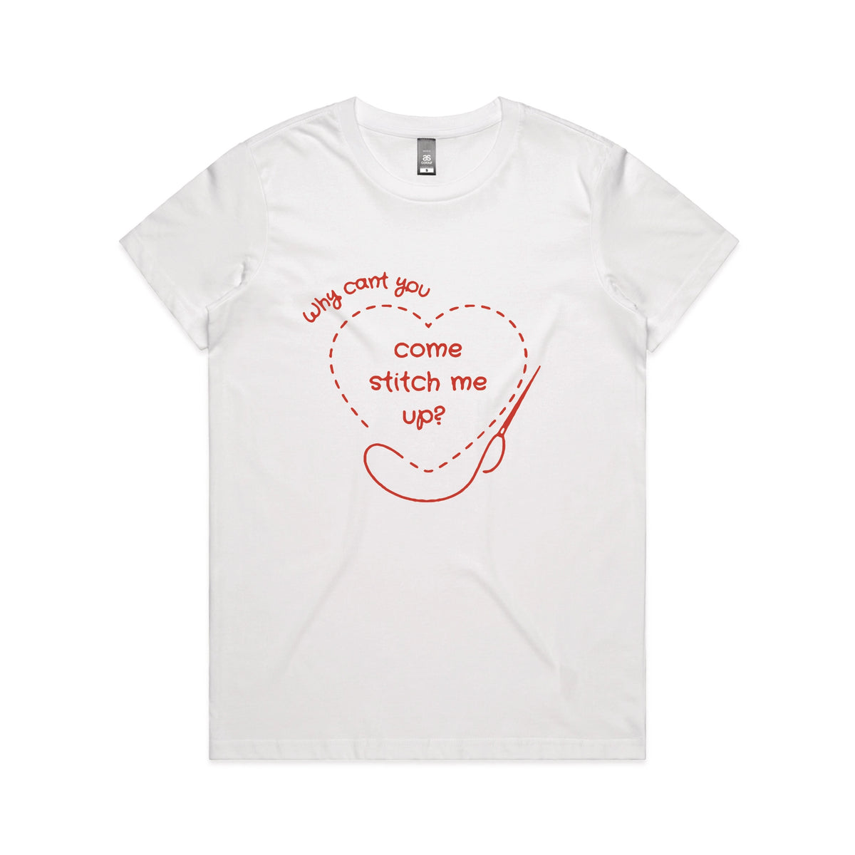White fitted womens t-shirt with Stitch Me Up graphic by Lonely Kids Club