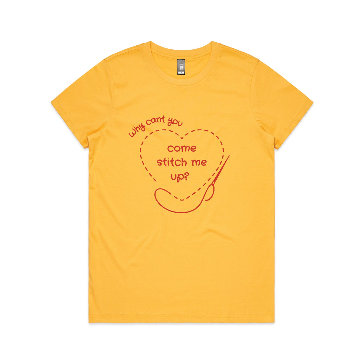 Yellow fitted womens t-shirt with Stitch Me Up graphic by Lonely Kids Club