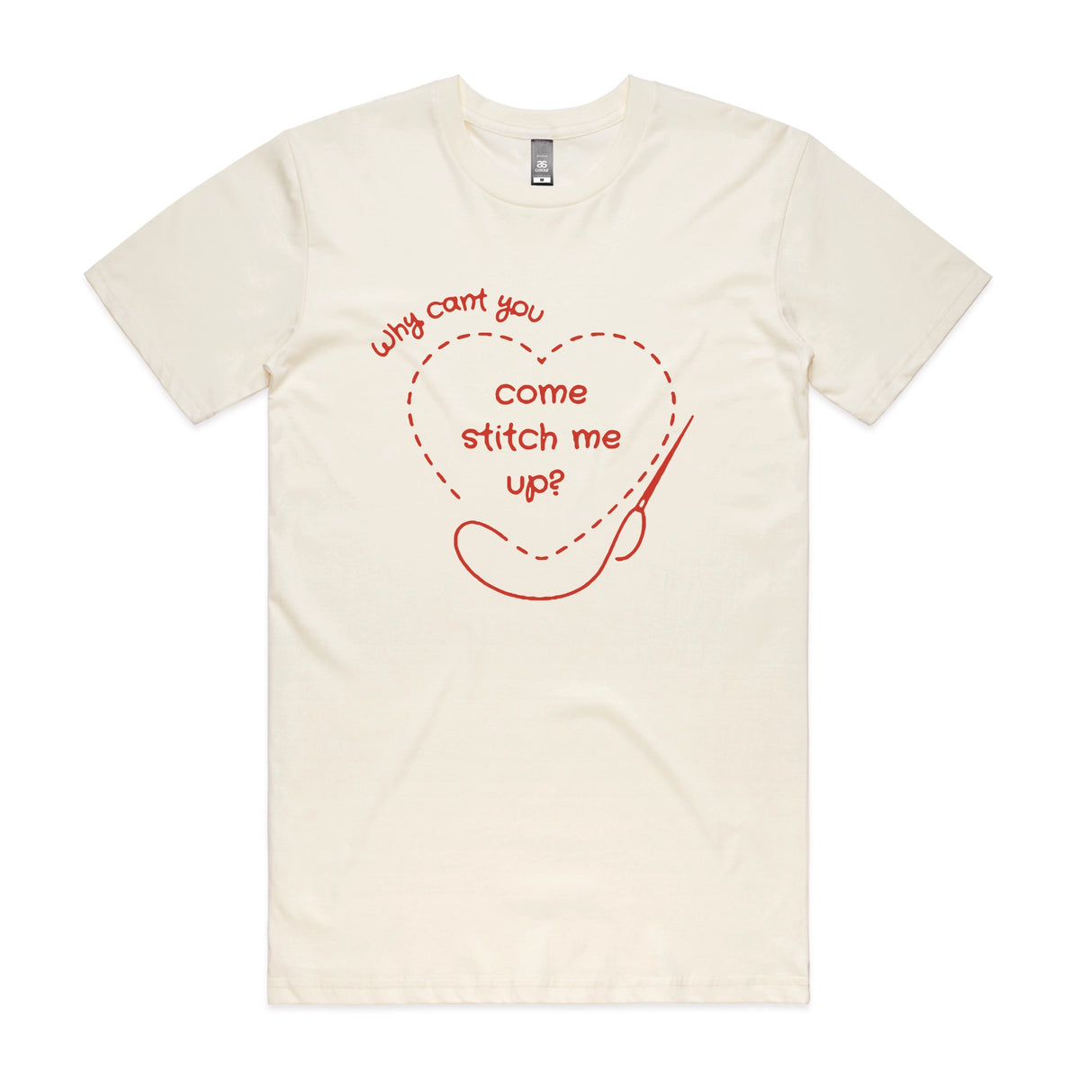 Ecru unisex t-shirt with Stitch Me Up graphic by Lonely Kids Club