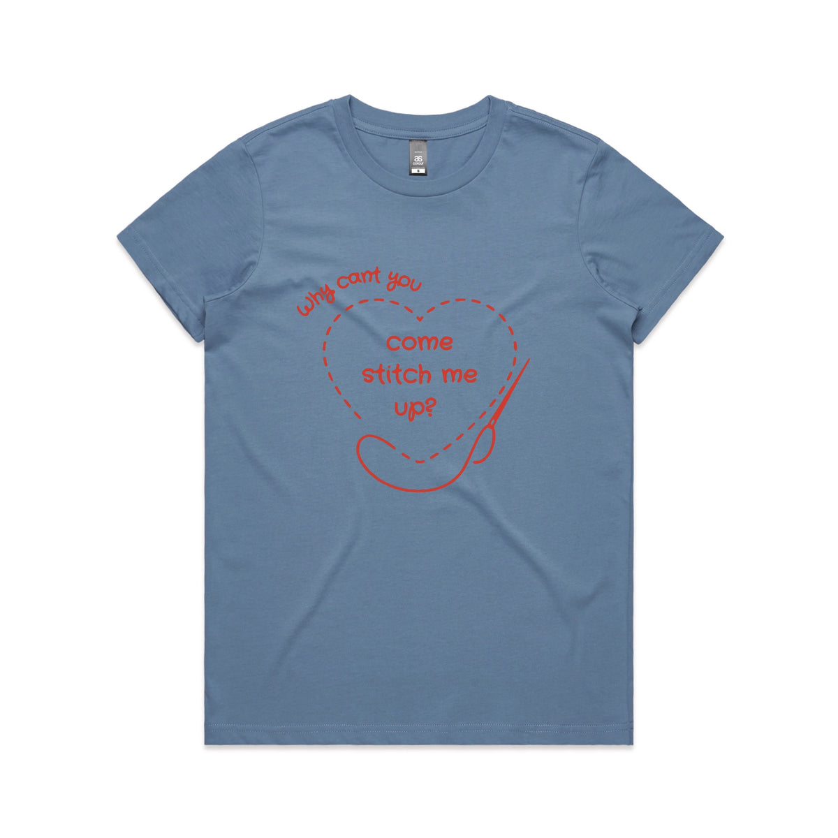 Carolina Blue fitted womens t-shirt with Stitch Me Up graphic by Lonely Kids Club