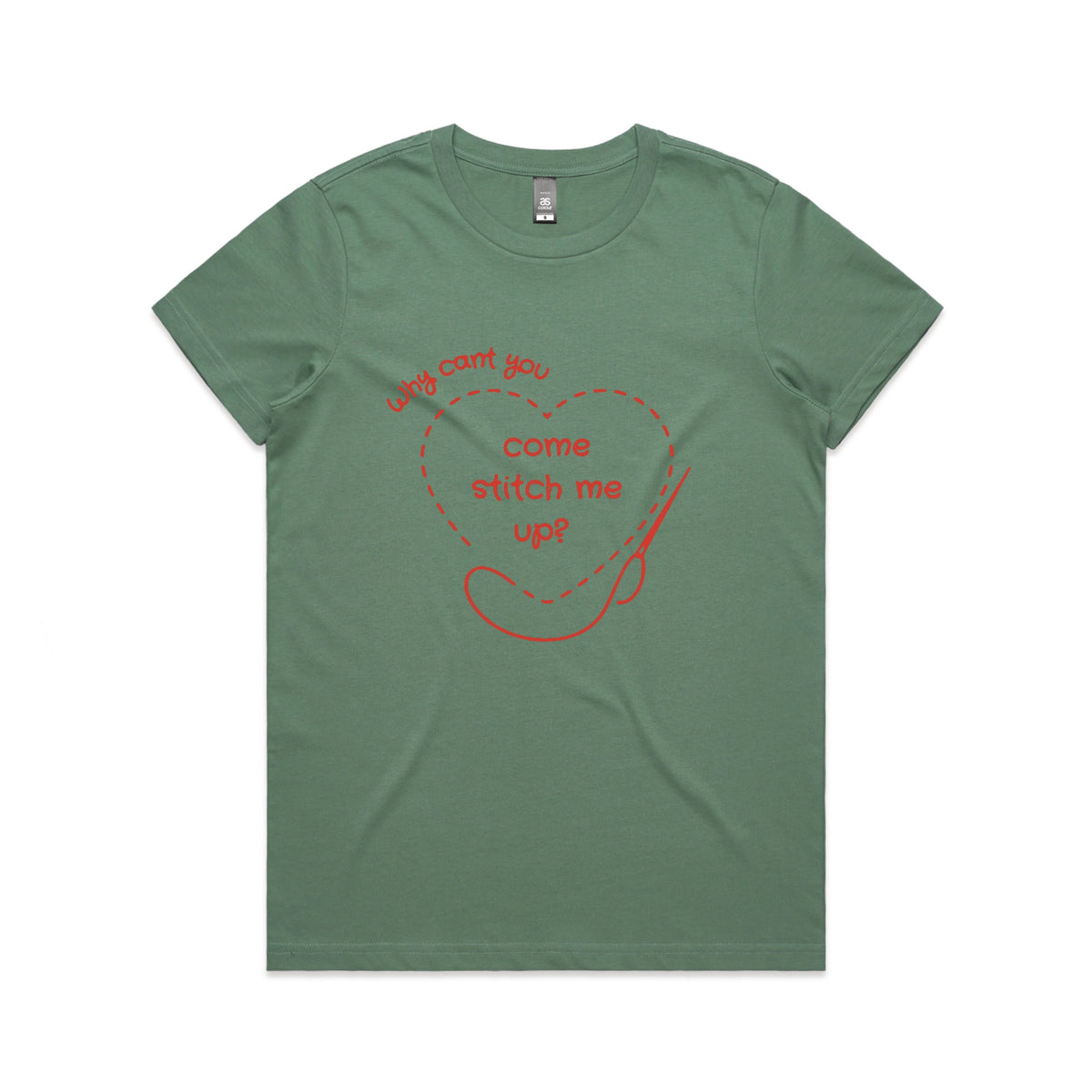 Sage fitted womens t-shirt with Stitch Me Up graphic by Lonely Kids Club