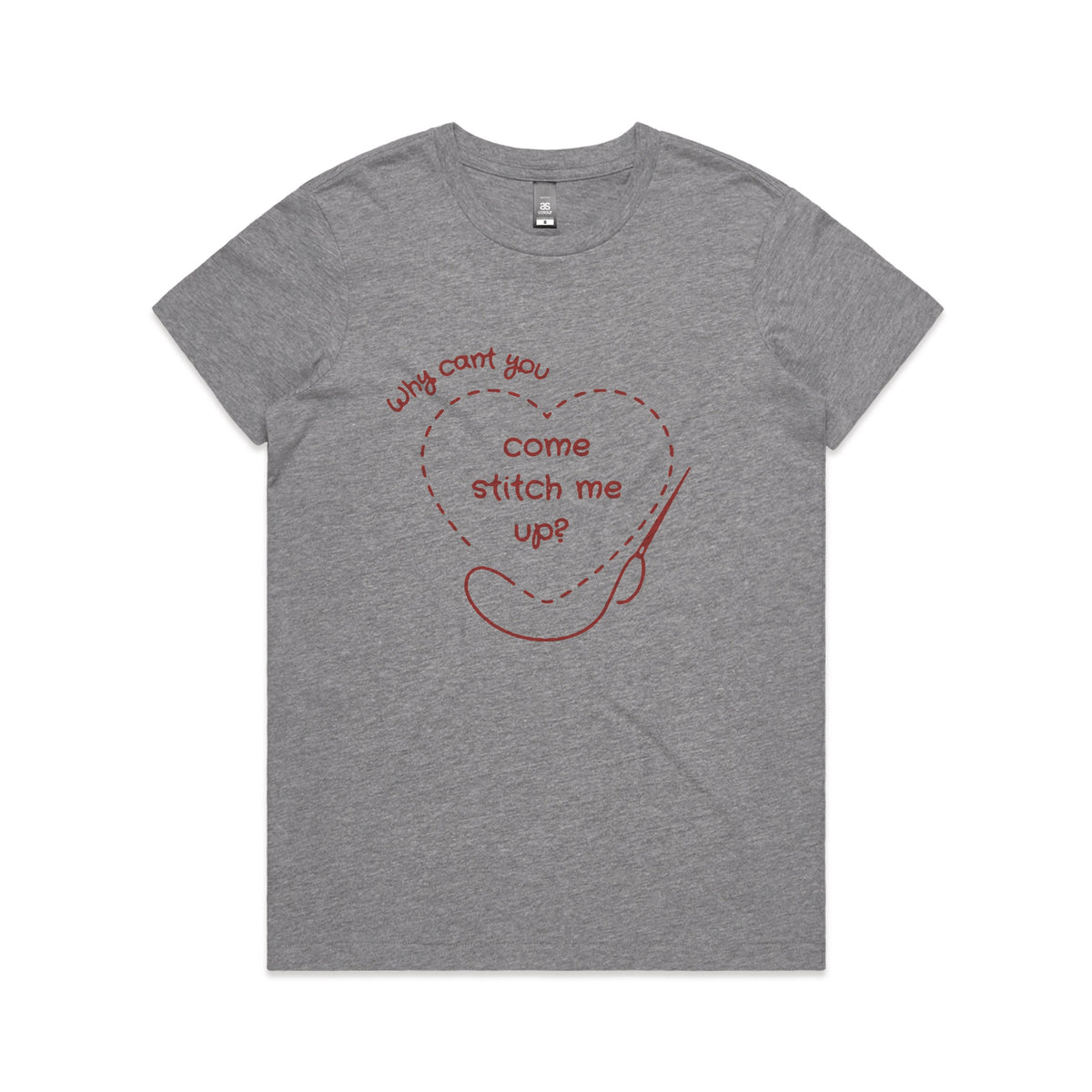 Grey Marle fitted womens t-shirt with Stitch Me Up graphic by Lonely Kids Club
