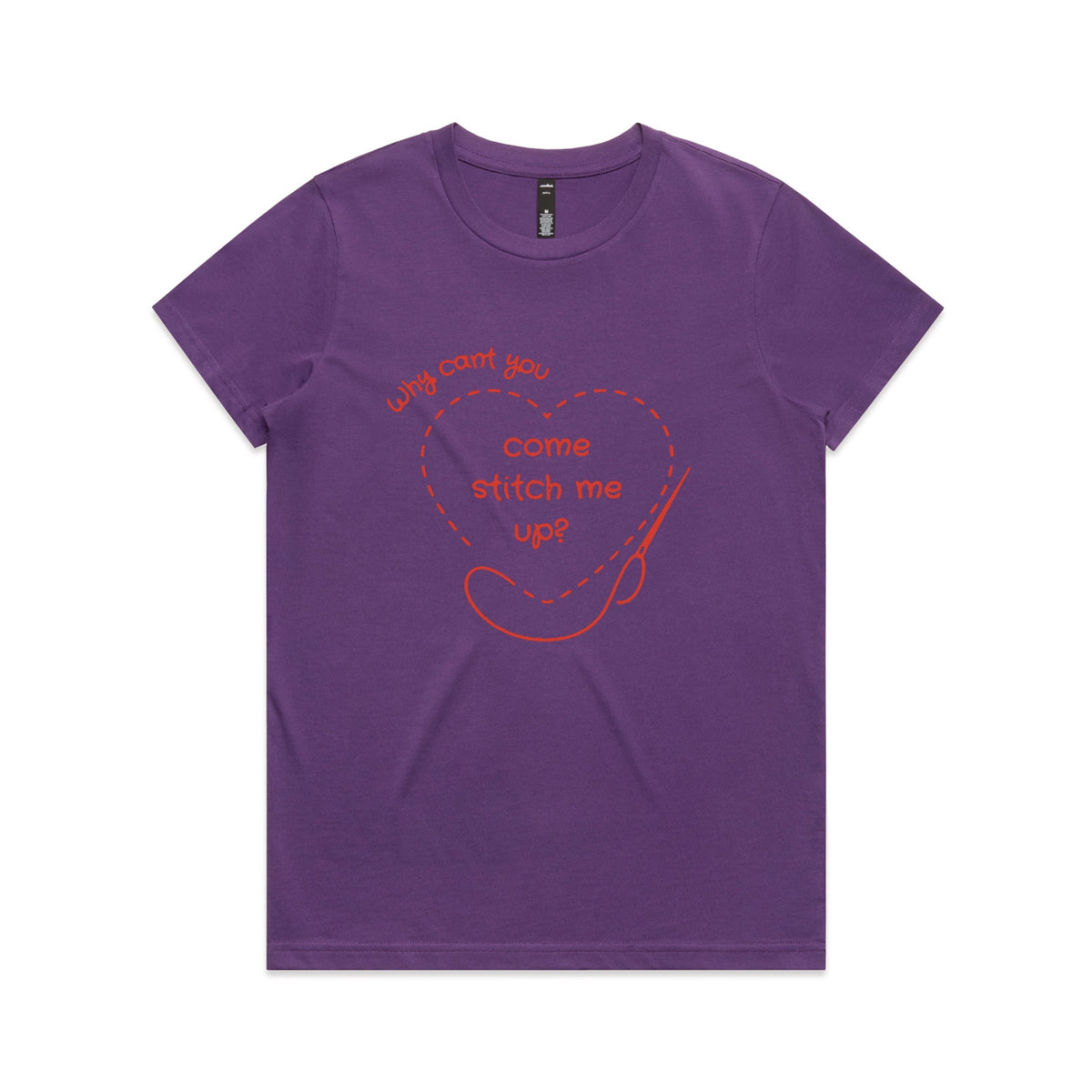 Purple fitted womens t-shirt with Stitch Me Up graphic by Lonely Kids Club