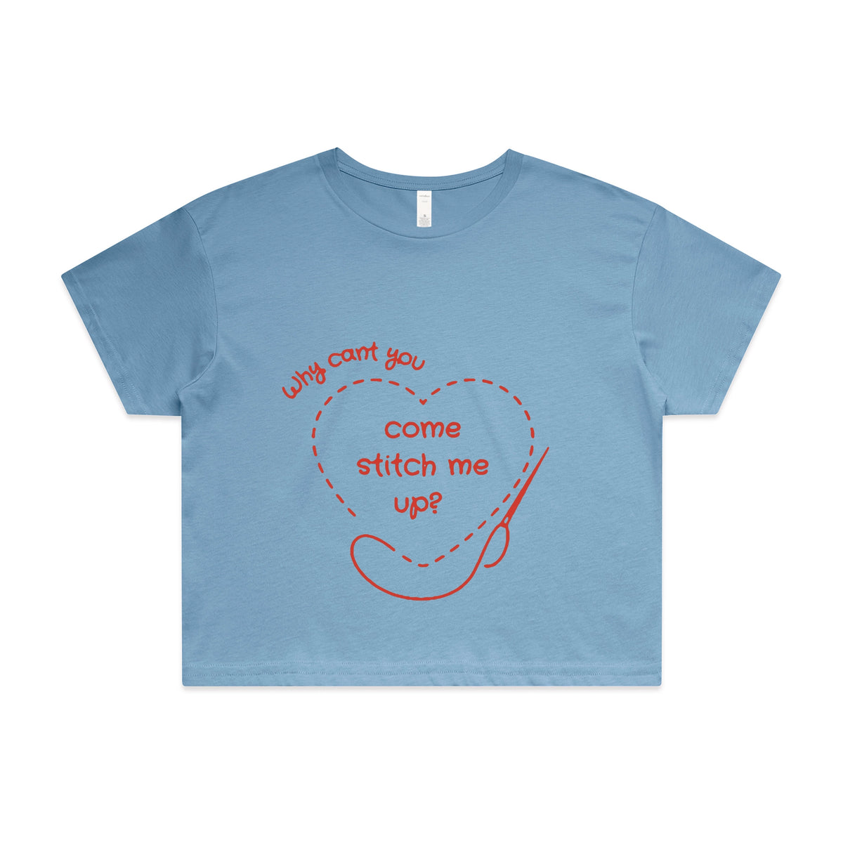 Carolina Blue crop top with Stitch Me Up graphic by Lonely Kids Club