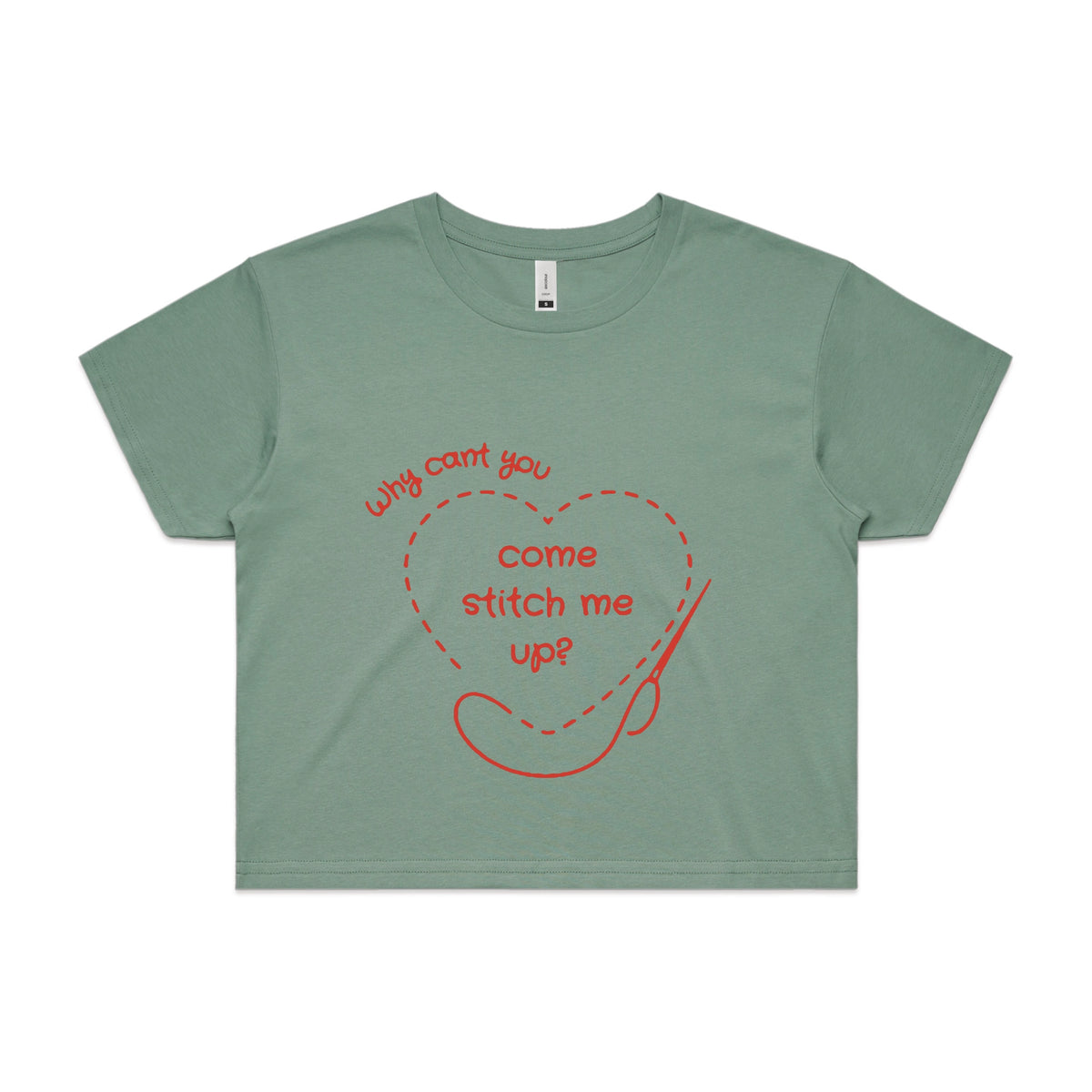 Sage crop top with Stitch Me Up graphic by Lonely Kids Club