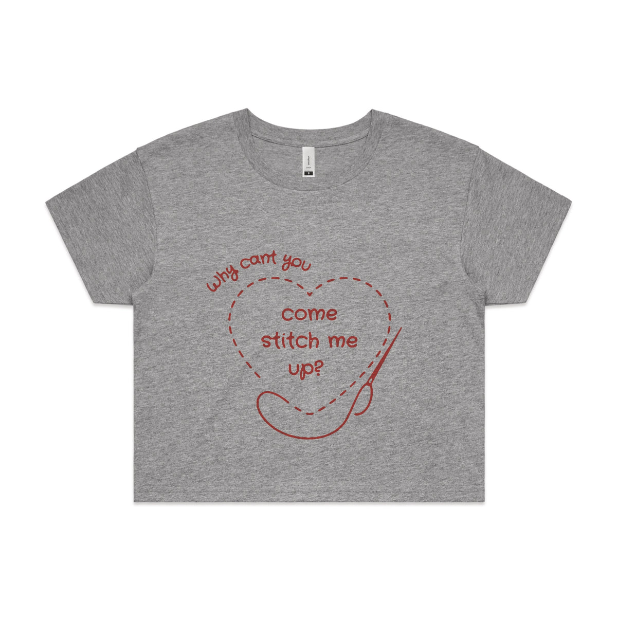 Grey Marle crop top with Stitch Me Up graphic by Lonely Kids Club