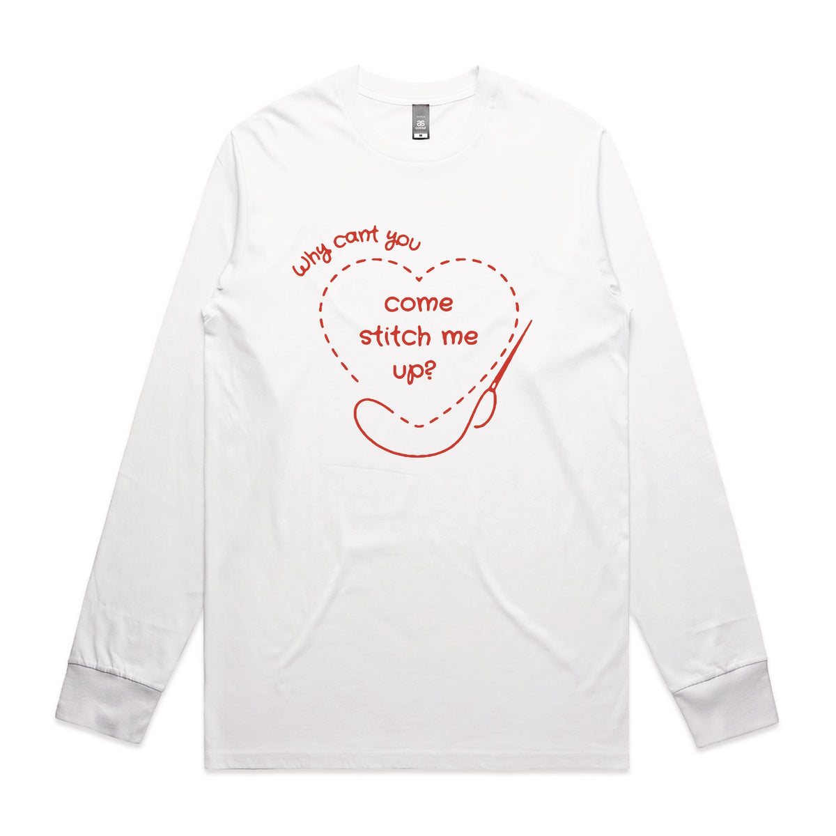 White long sleeve t-shirt with Stitch Me Up graphic by Lonely Kids Club