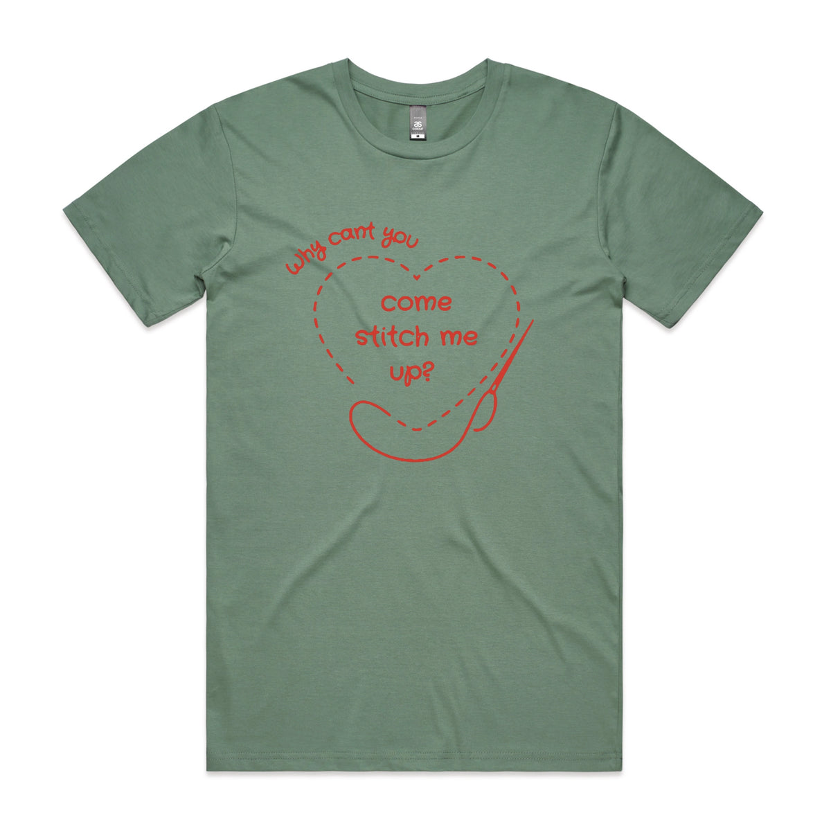 Sage unisex t-shirt with Stitch Me Up graphic by Lonely Kids Club