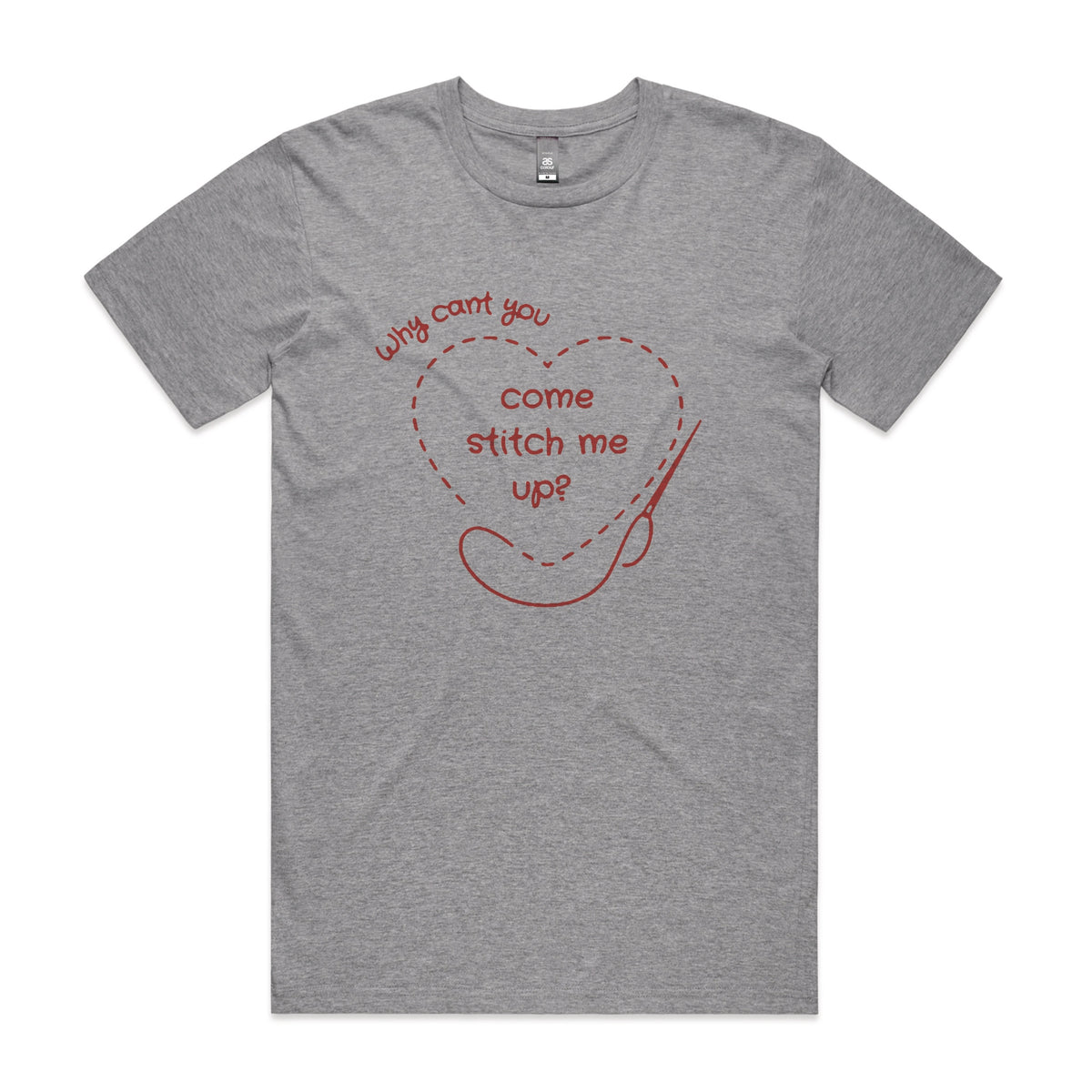 Grey Marle unisex t-shirt with Stitch Me Up graphic by Lonely Kids Club