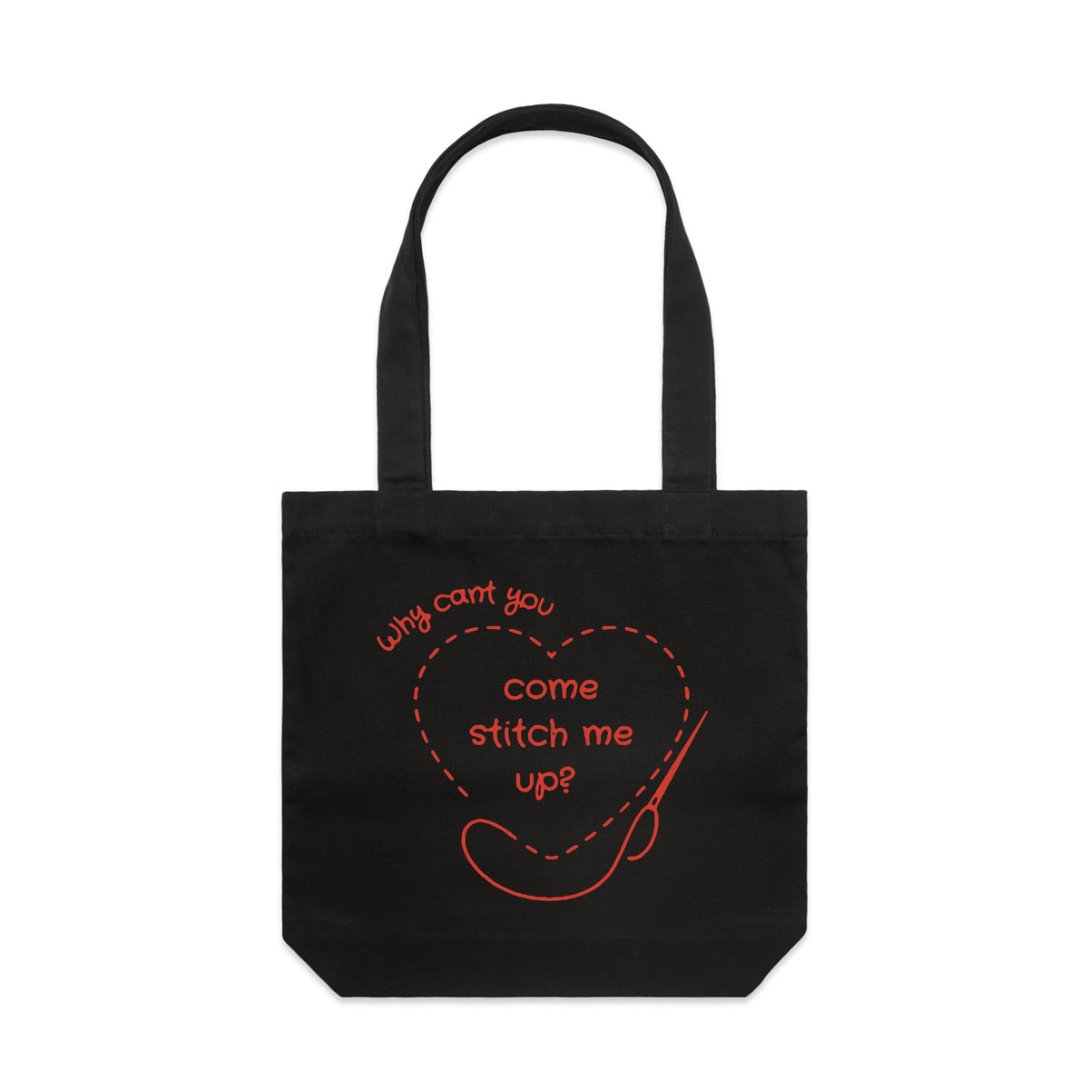 Black carrie tote with Stitch Me Up Tote graphic by Lonely Kids Club
