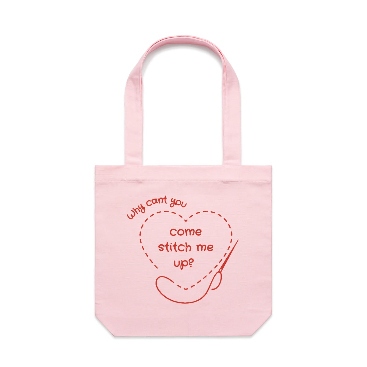 Pink carrie tote with Stitch Me Up Tote graphic by Lonely Kids Club
