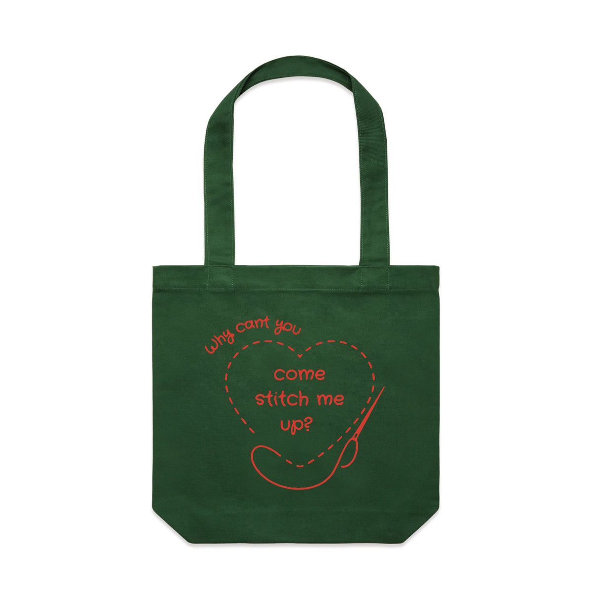 Forest Green carrie tote with Stitch Me Up Tote graphic by Lonely Kids Club