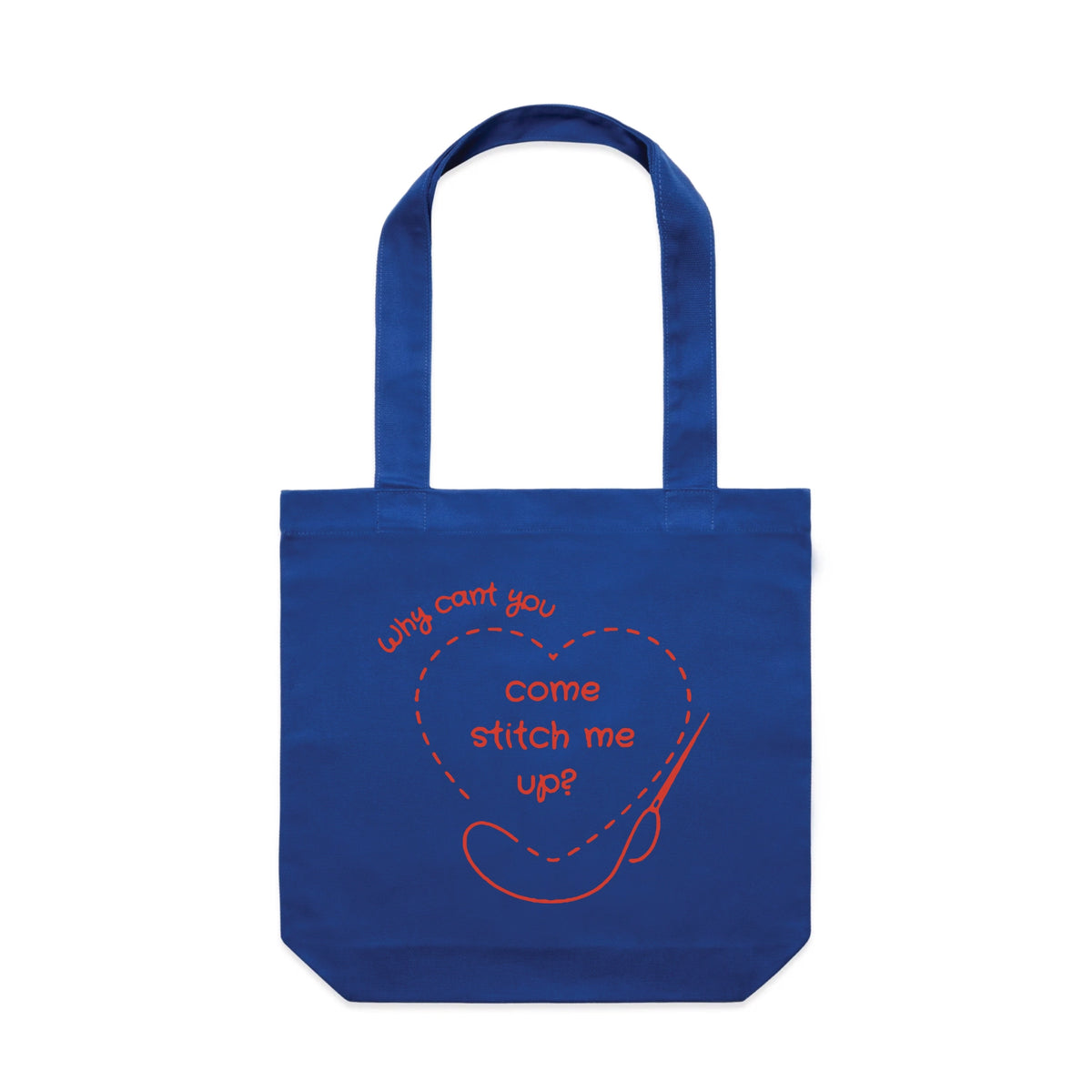 Royal Blue carrie tote with Stitch Me Up Tote graphic by Lonely Kids Club