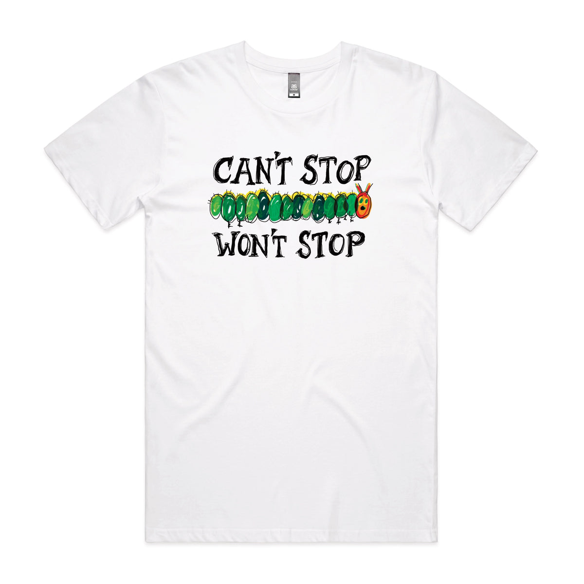 White unisex t-shirt with Can't Stop Won't Stop graphic by Lonely Kids Club