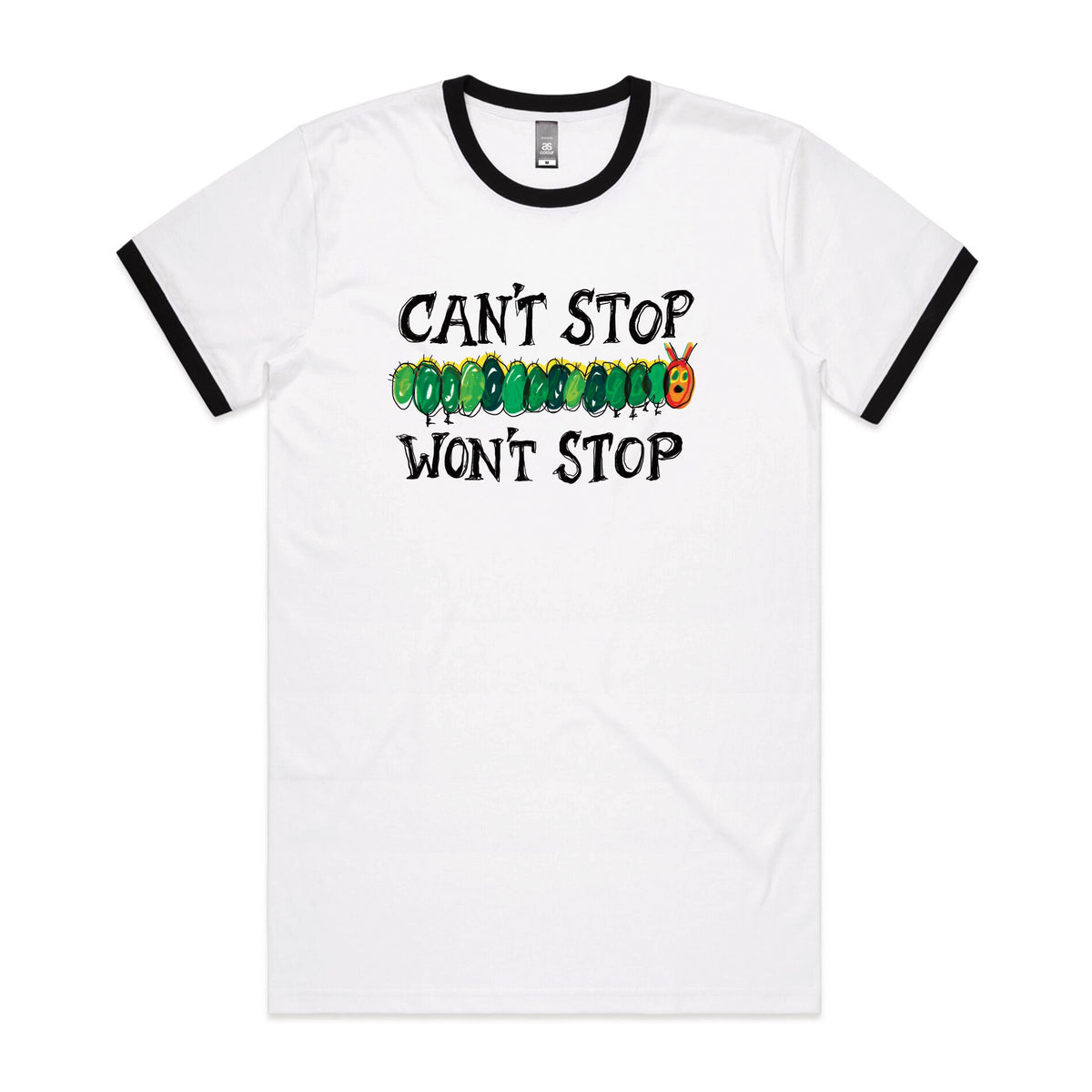 Black/White Ringer unisex t-shirt with Can't Stop Won't Stop graphic by Lonely Kids Club