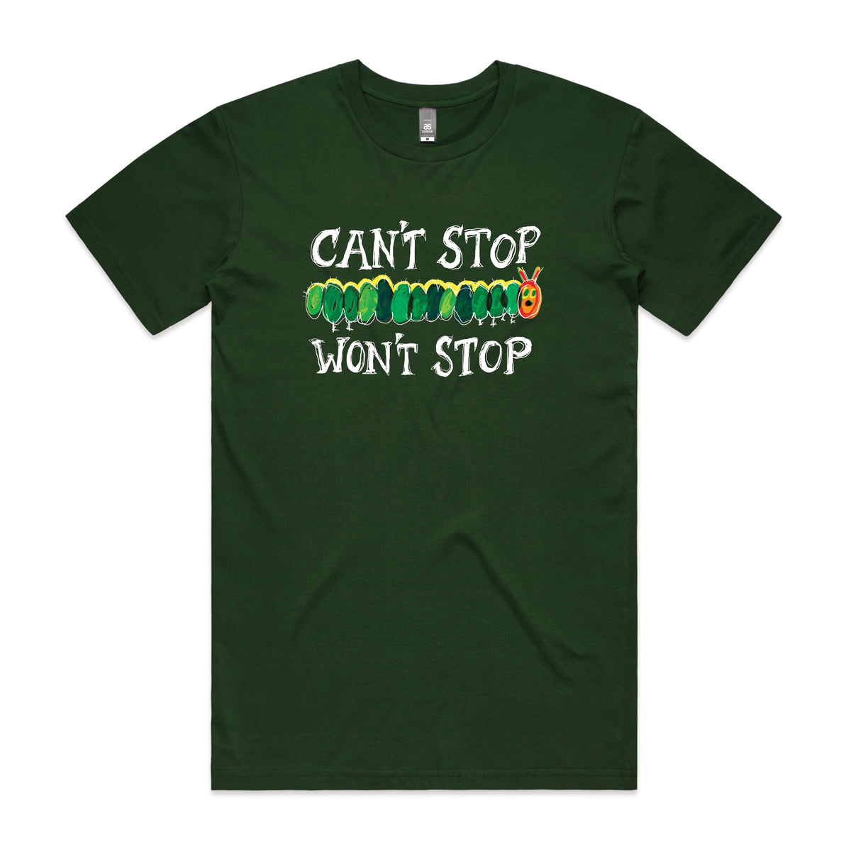 Forest Green unisex t-shirt with Can't Stop Won't Stop graphic by Lonely Kids Club