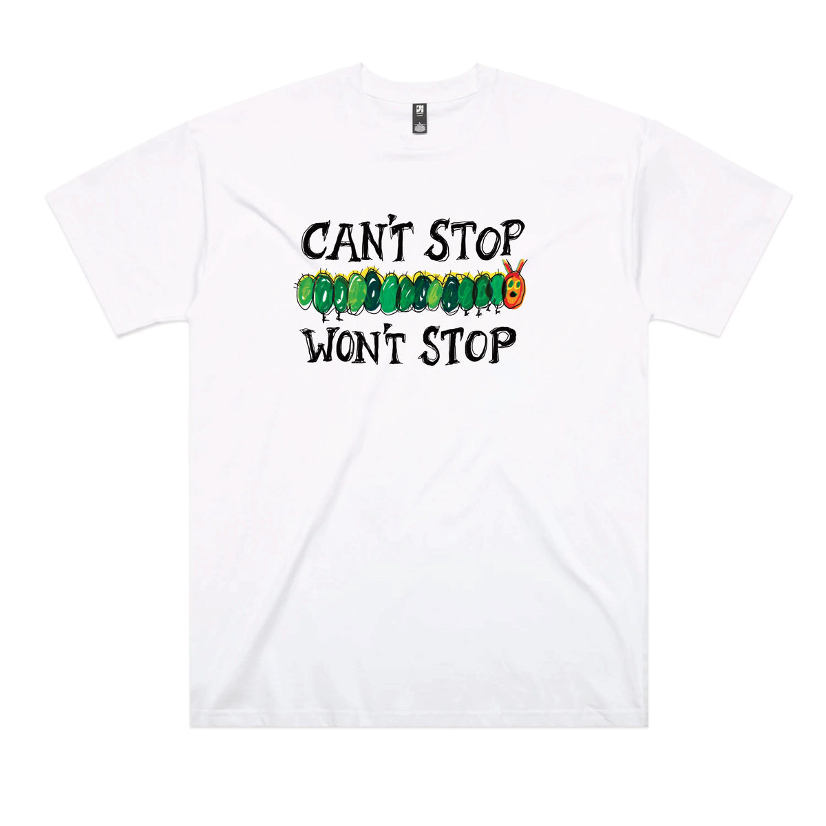 White oversized t-shirt with Can't Stop Won't Stop graphic by Lonely Kids Club