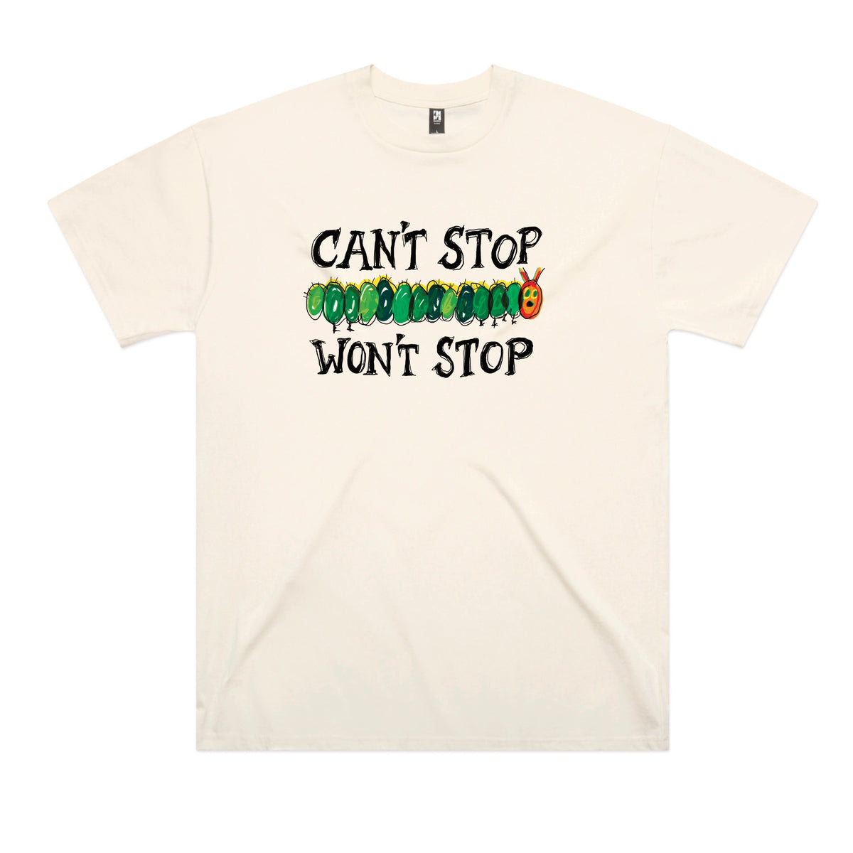 Ecru oversized t-shirt with Can't Stop Won't Stop graphic by Lonely Kids Club