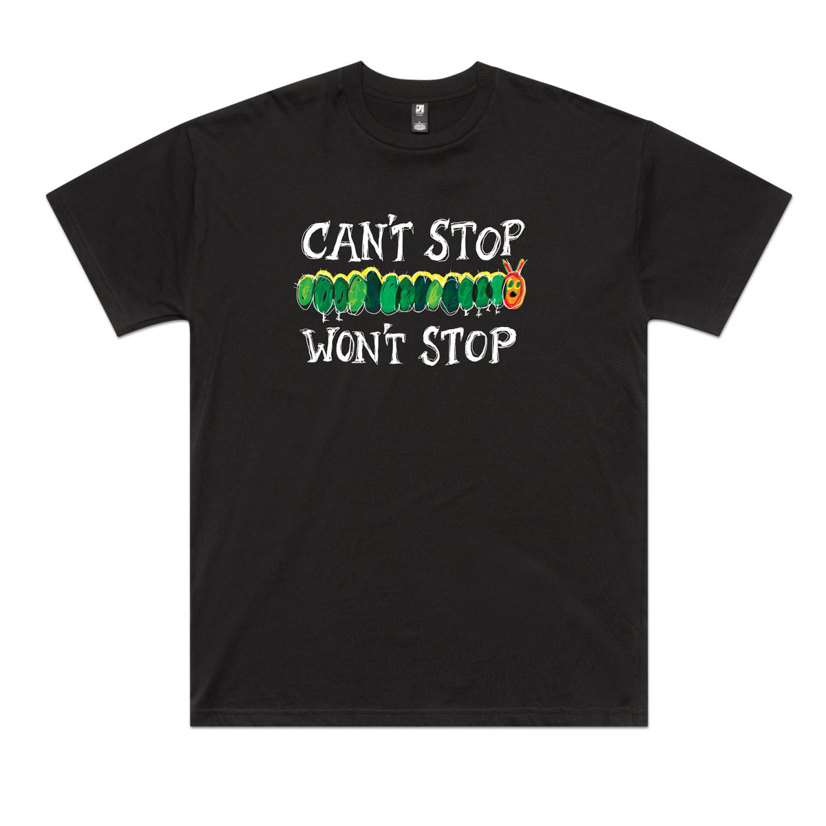 Black oversized t-shirt with Can't Stop Won't Stop graphic by Lonely Kids Club