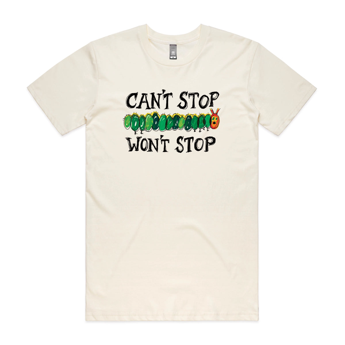 Ecru unisex t-shirt with Can't Stop Won't Stop graphic by Lonely Kids Club