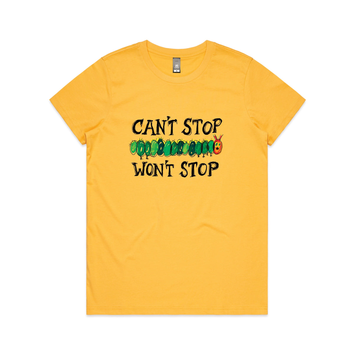 Yellow fitted womens t-shirt with Can't Stop Won't Stop graphic by Lonely Kids Club