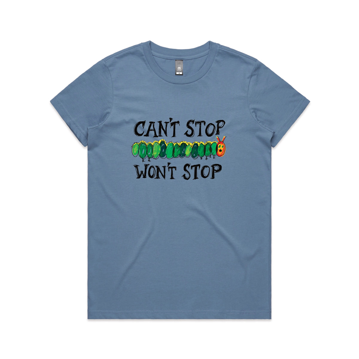 Carolina Blue fitted womens t-shirt with Can't Stop Won't Stop graphic by Lonely Kids Club