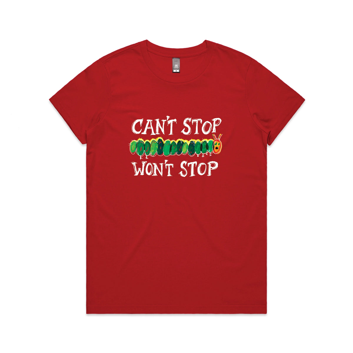 Red fitted womens t-shirt with Can't Stop Won't Stop graphic by Lonely Kids Club