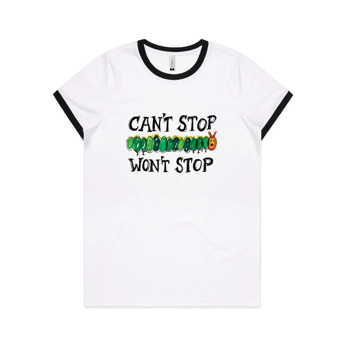 Black/White Ringer fitted womens t-shirt with Can't Stop Won't Stop graphic by Lonely Kids Club
