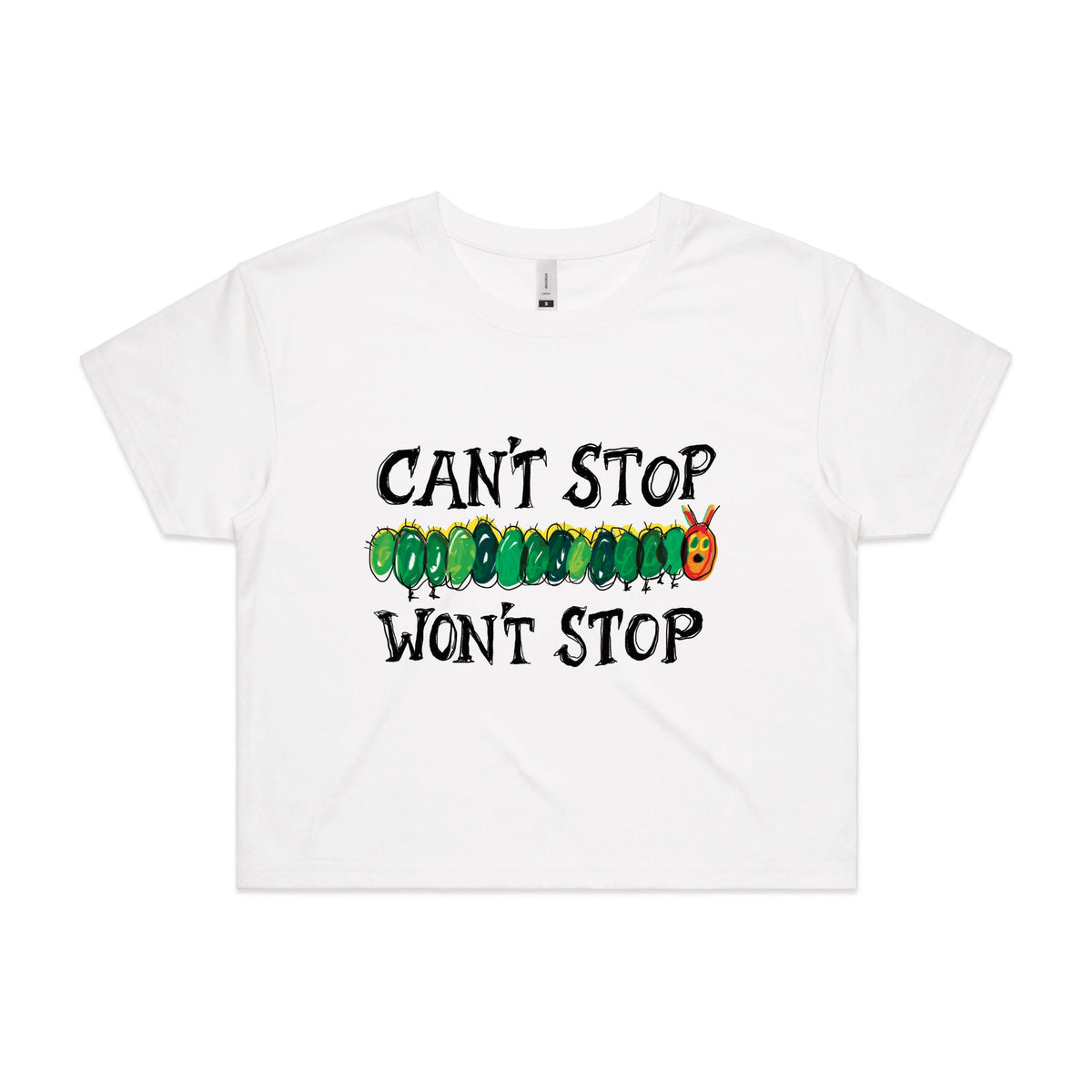 White crop top with Can't Stop Won't Stop graphic by Lonely Kids Club