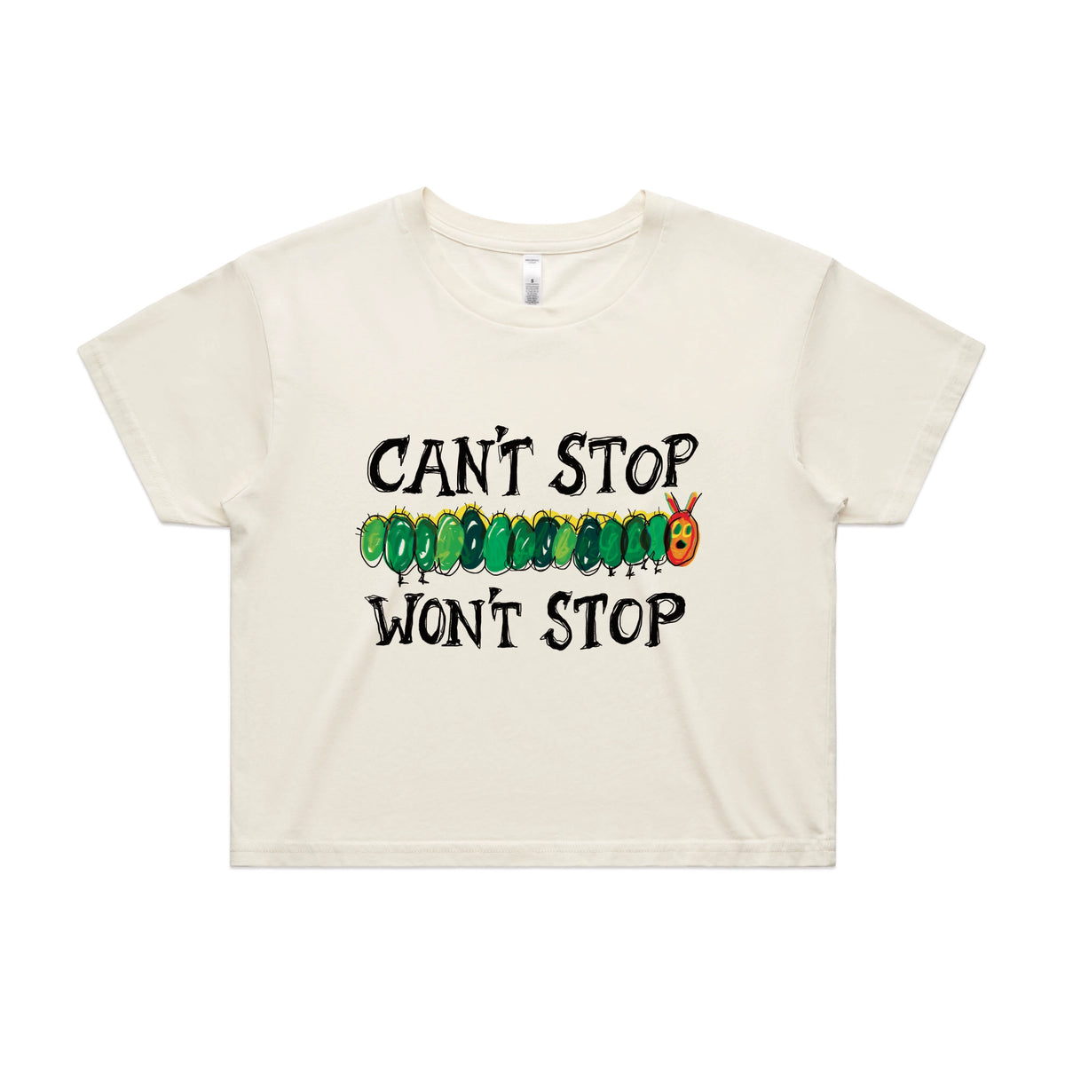 Ecru crop top with Can't Stop Won't Stop graphic by Lonely Kids Club
