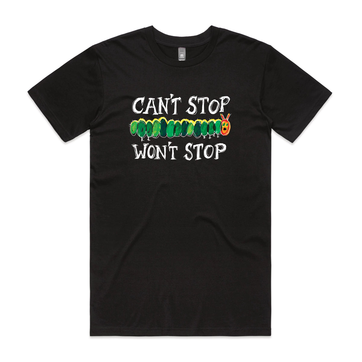 Black unisex t-shirt with Can't Stop Won't Stop graphic by Lonely Kids Club