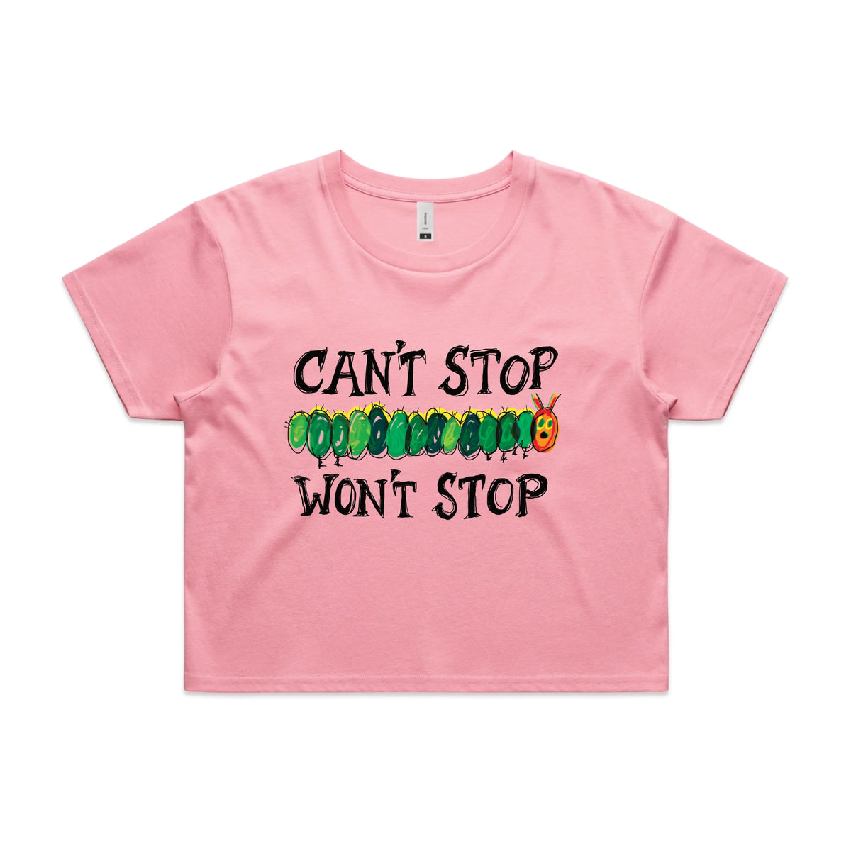 Bubblegum crop top with Can't Stop Won't Stop graphic by Lonely Kids Club