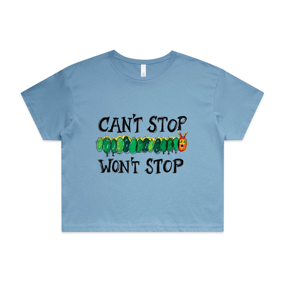 Carolina Blue crop top with Can't Stop Won't Stop graphic by Lonely Kids Club