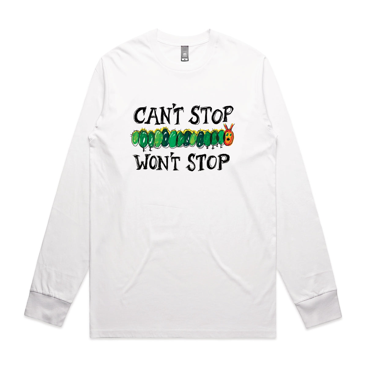 White long sleeve t-shirt with Can't Stop Won't Stop graphic by Lonely Kids Club