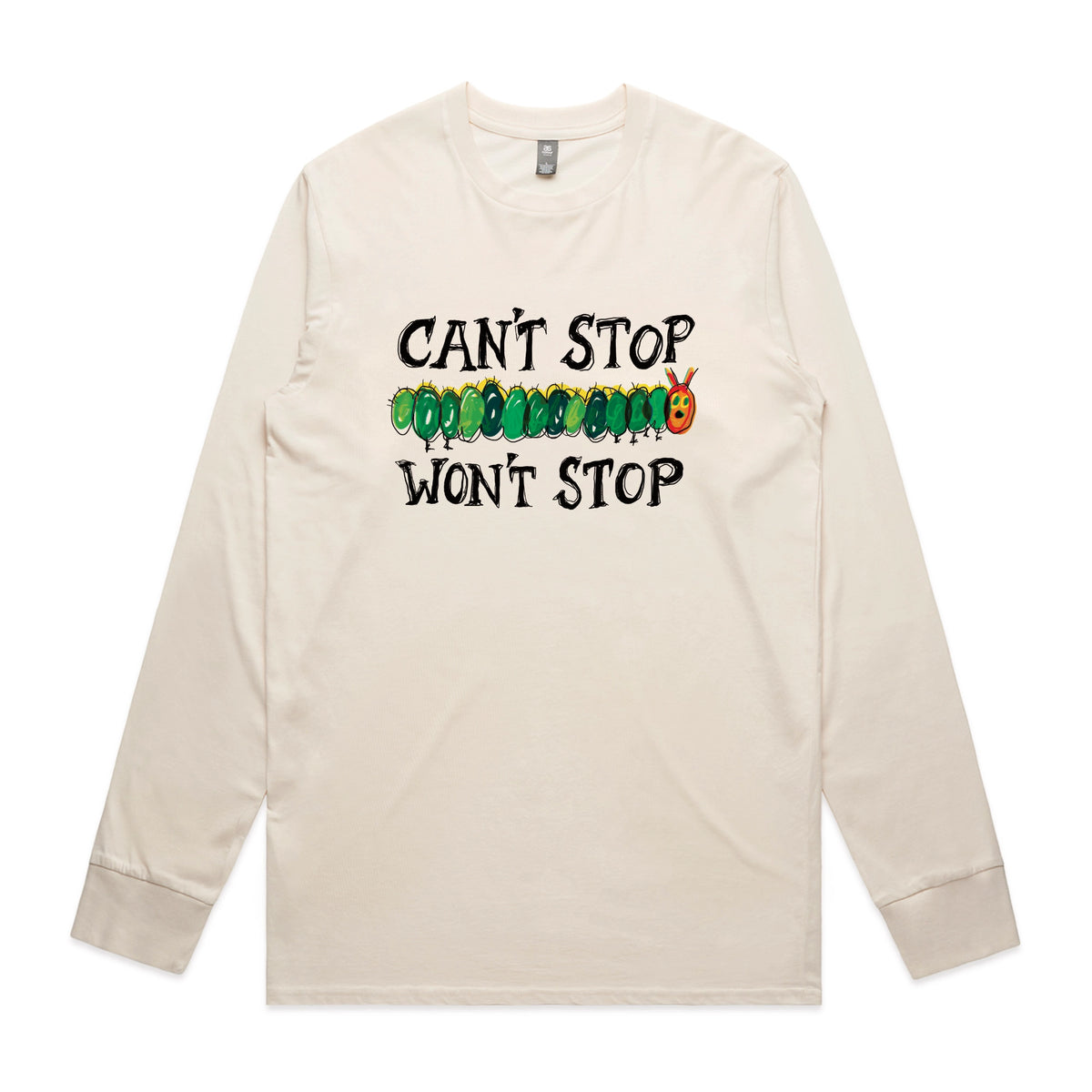 Ecru long sleeve t-shirt with Can't Stop Won't Stop graphic by Lonely Kids Club