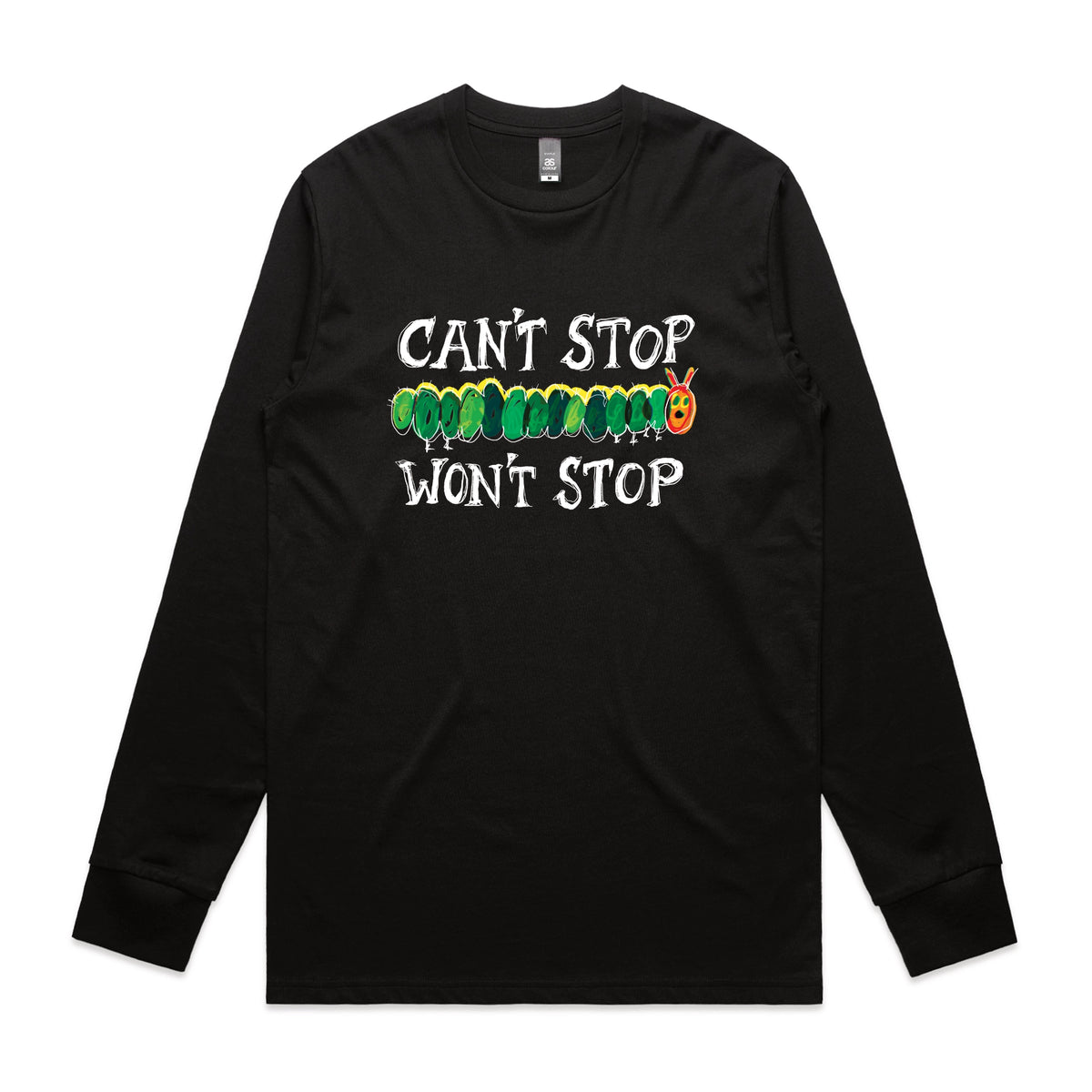 Black long sleeve t-shirt with Can't Stop Won't Stop graphic by Lonely Kids Club