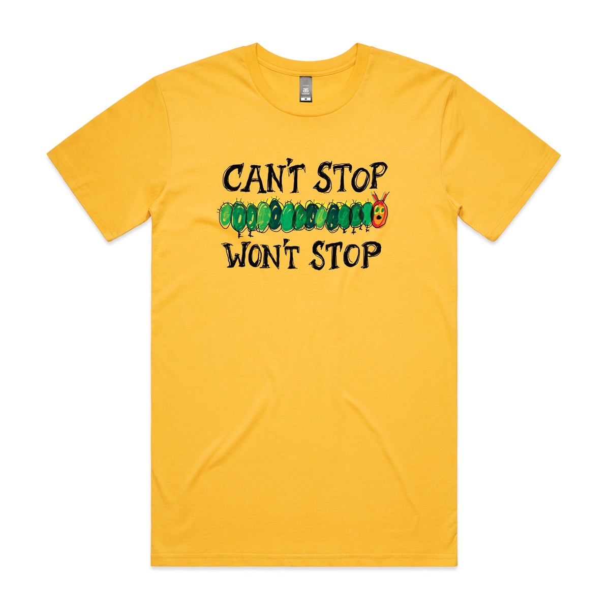 Yellow unisex t-shirt with Can't Stop Won't Stop graphic by Lonely Kids Club