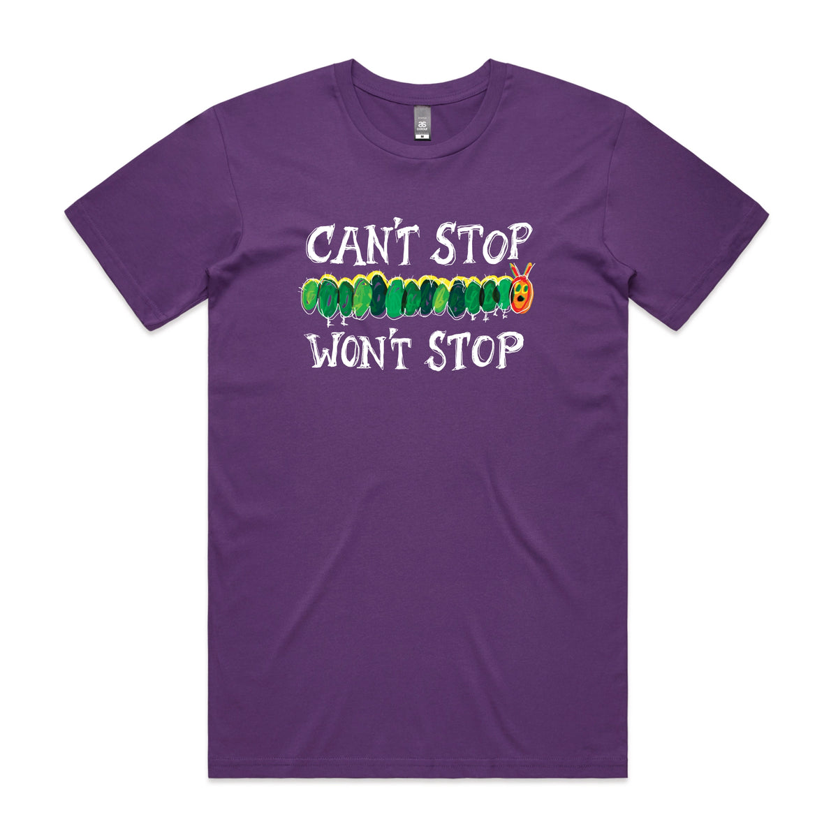 Purple unisex t-shirt with Can't Stop Won't Stop graphic by Lonely Kids Club