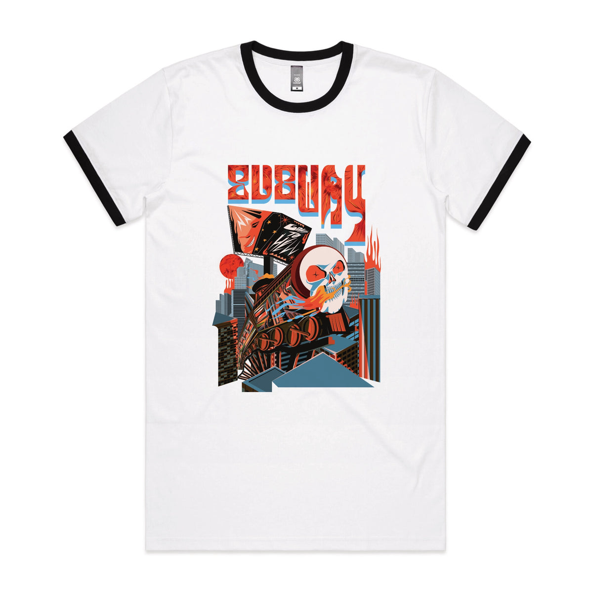 Black/White Ringer unisex t-shirt with Subway Goes To Hell graphic by Lonely Kids Club