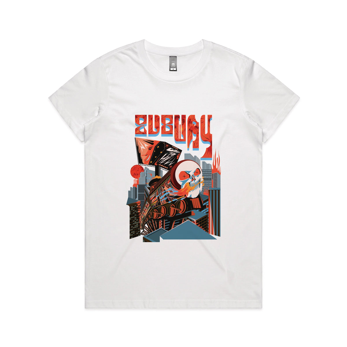 White fitted womens t-shirt with Subway Goes To Hell graphic by Lonely Kids Club