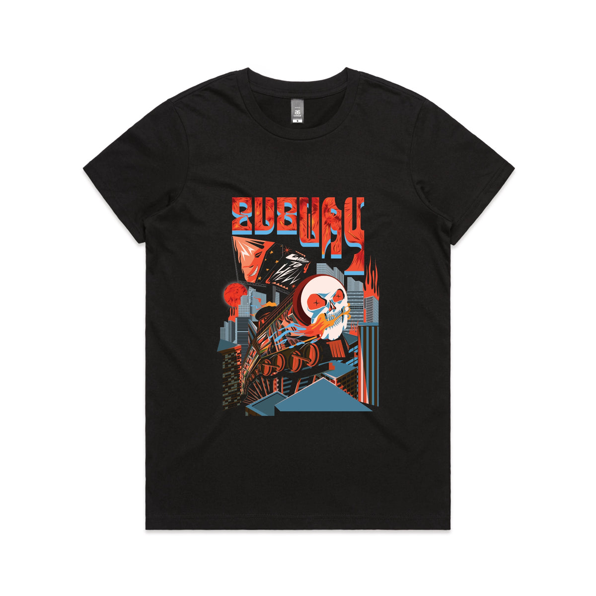 Black fitted womens t-shirt with Subway Goes To Hell graphic by Lonely Kids Club