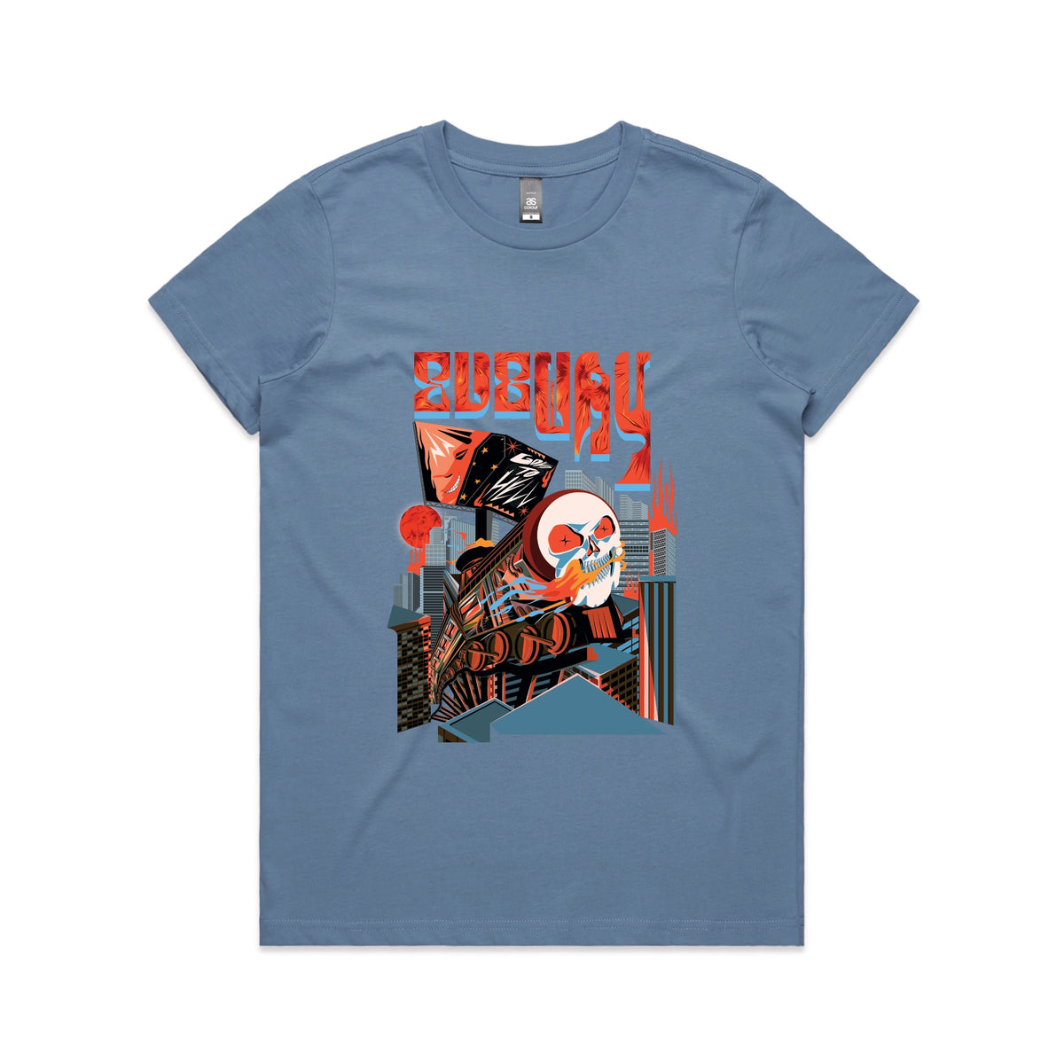 Carolina Blue fitted womens t-shirt with Subway Goes To Hell graphic by Lonely Kids Club