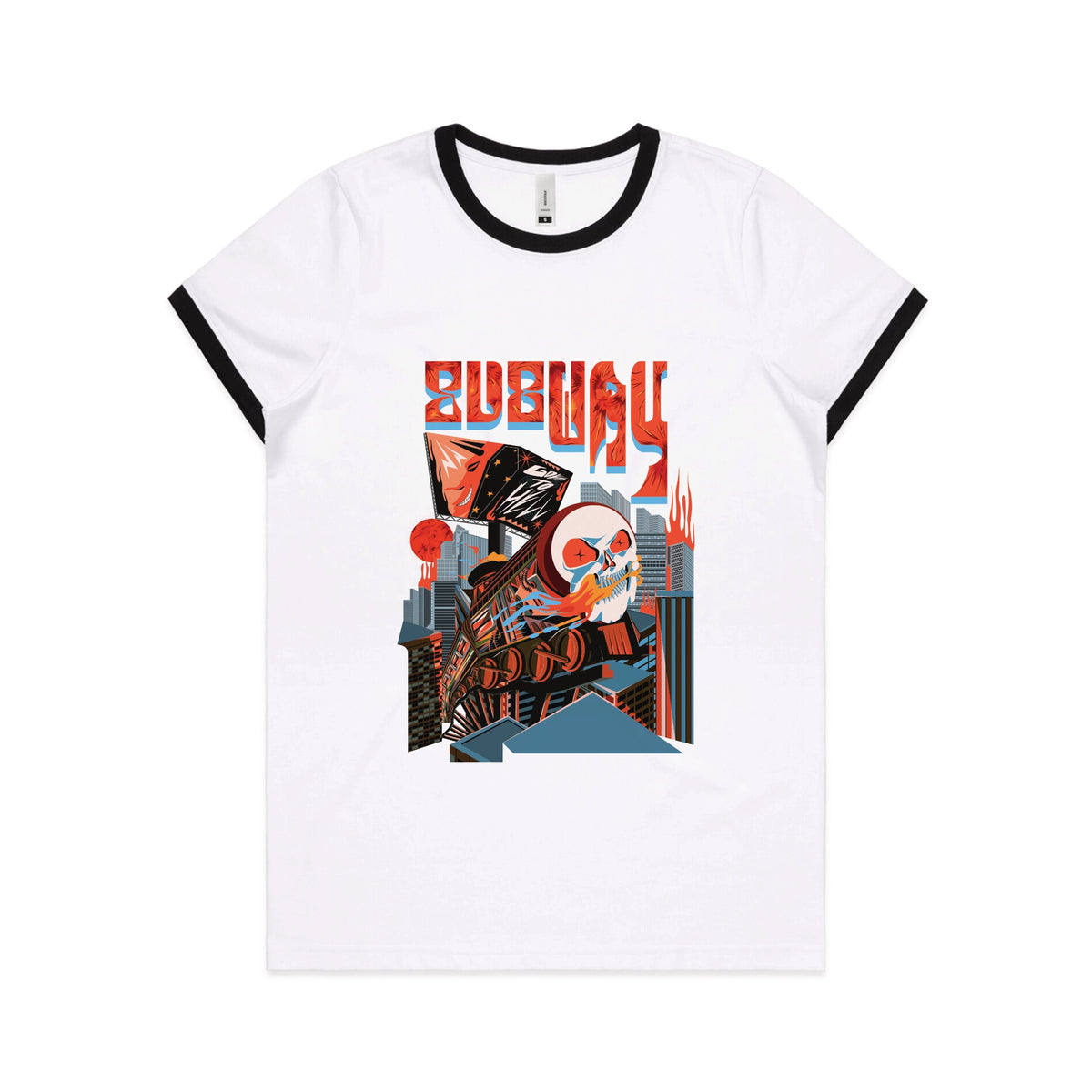 Black/White Ringer fitted womens t-shirt with Subway Goes To Hell graphic by Lonely Kids Club