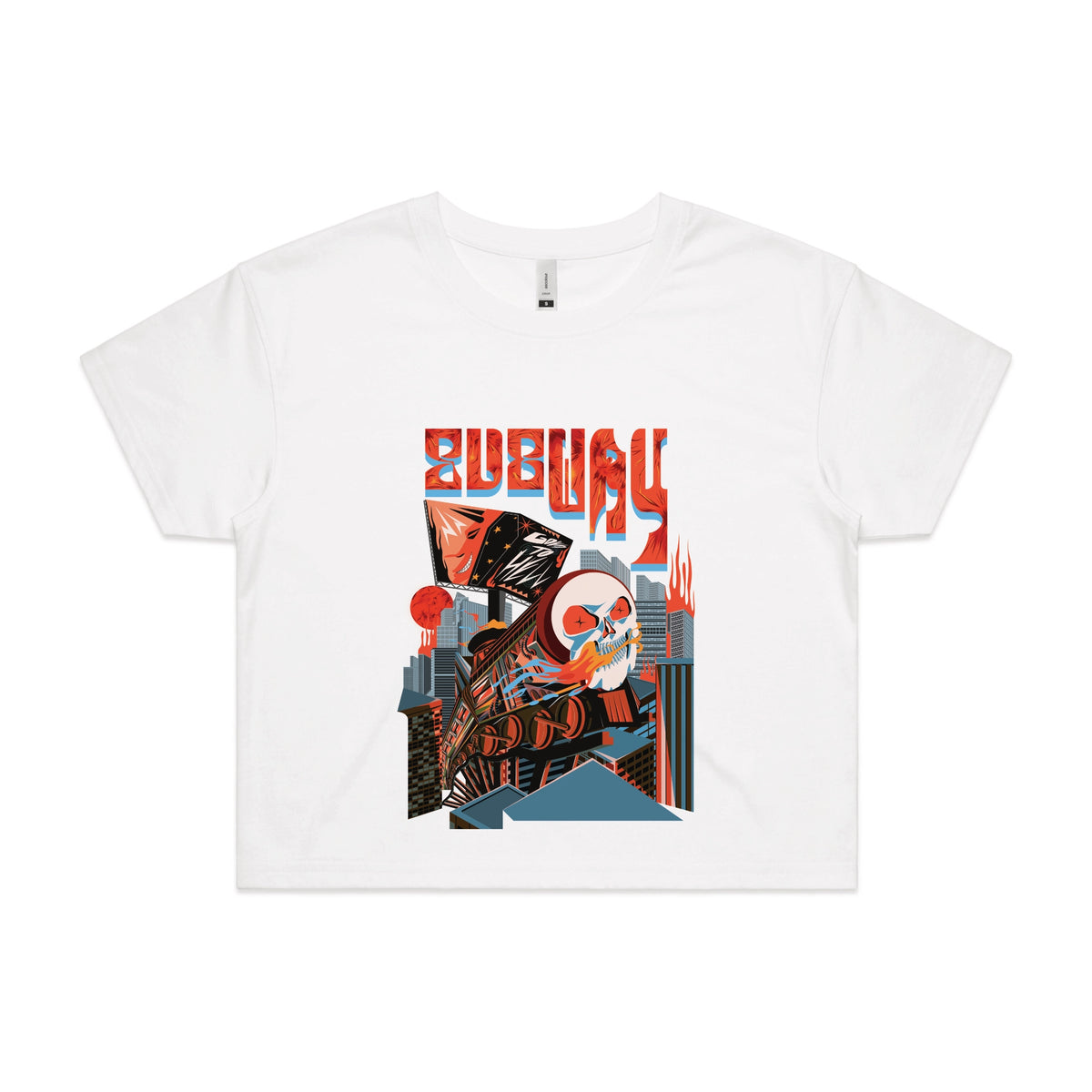 White crop top with Subway Goes To Hell graphic by Lonely Kids Club